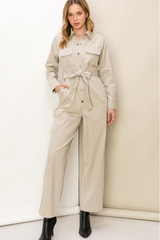 Relaxing Weekend Tie-Belt Button-Front Jumpsuit | Swank Boutique