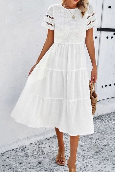 White Smocking Detailed Dress