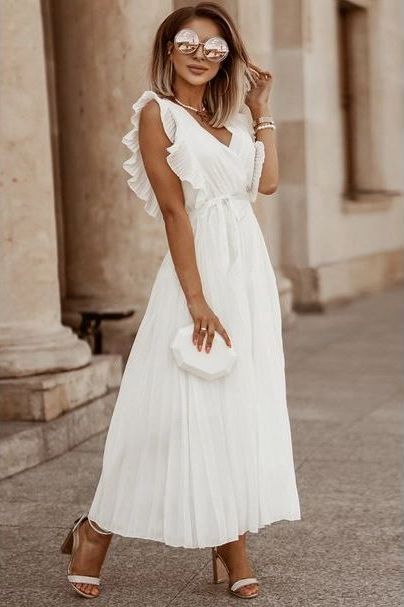 Ruffle Sleeve Pleated Dress - White | Swank Boutique