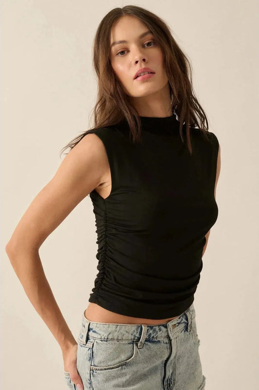 Yve Ruched Mock Neck Tank - Black | Swank Boutique