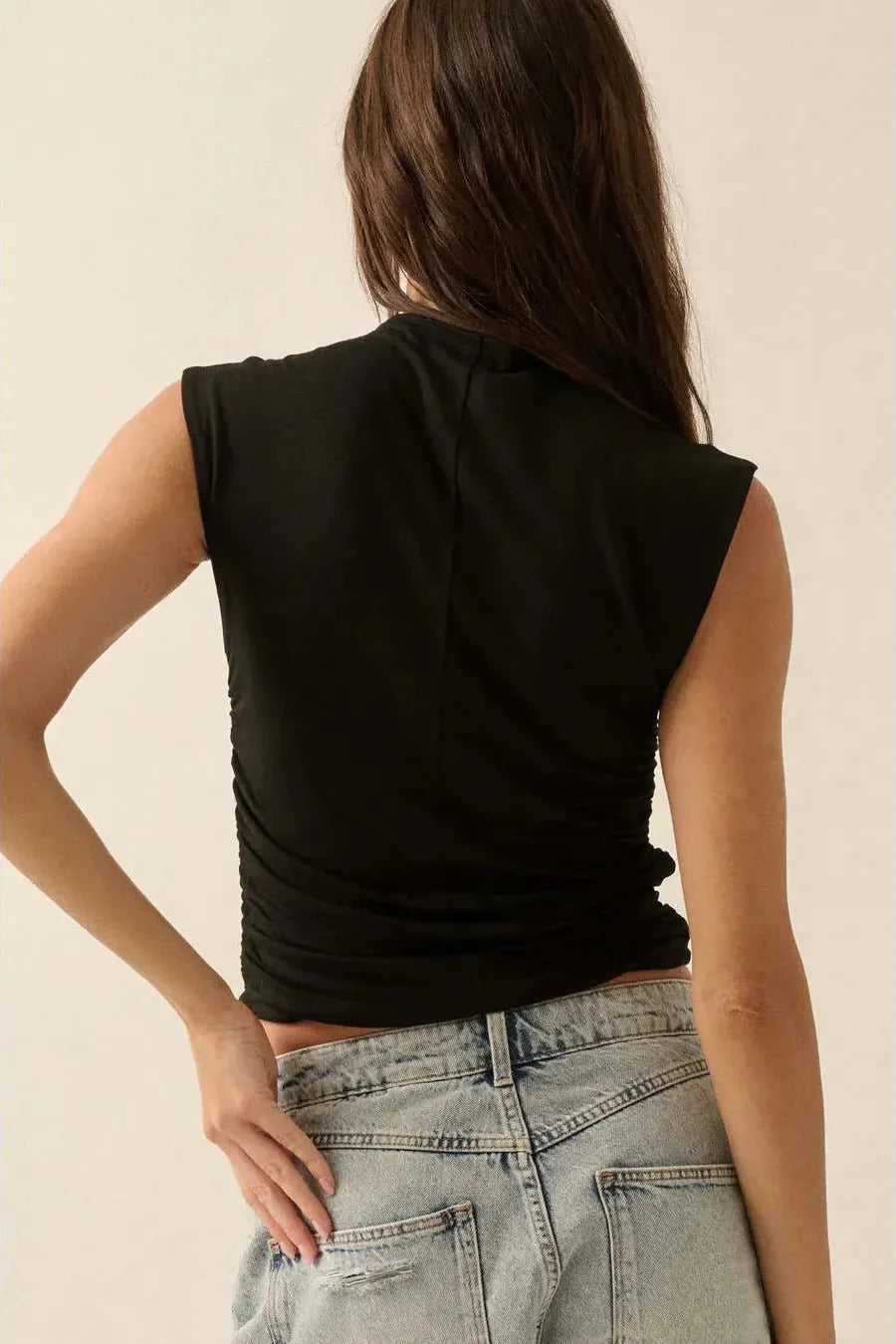 Yve Ruched Mock Neck Tank - Black | Swank Boutique