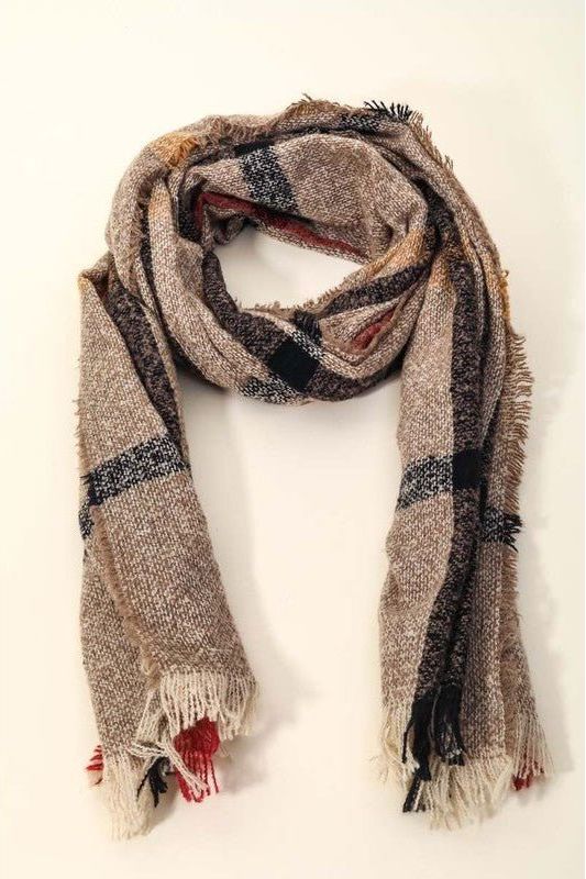 Plaid Frayed Hem Scarf- Brown | Swank Boutique