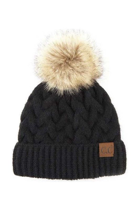 Chunky Braid Pom Beanie - Blacck | Swank Boutique