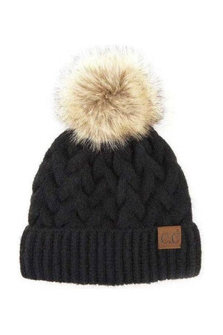 Chunky Braid Pom Beanie - Black | Swank Boutique