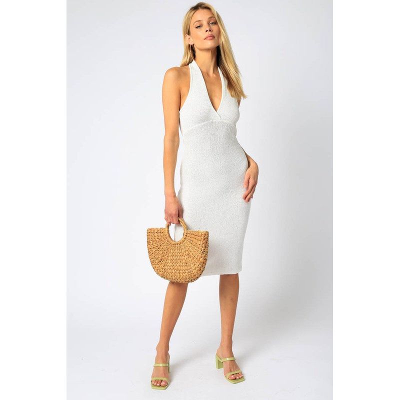 V Neck Halter Midi Dress- White | Swank Boutique