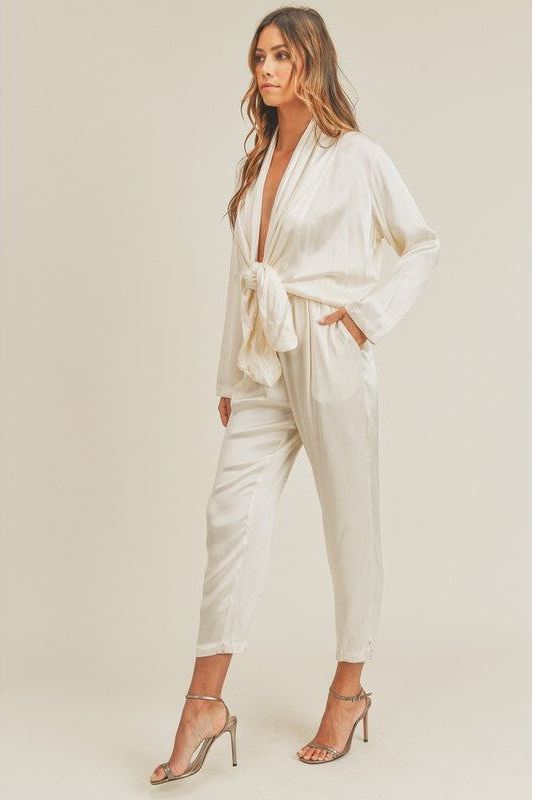 Satin Tie Front Jumpsuit- Ivory | Swank Boutique