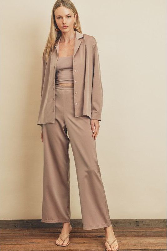 Satin Two Piece Set- Top- Taupe | Swank Boutique