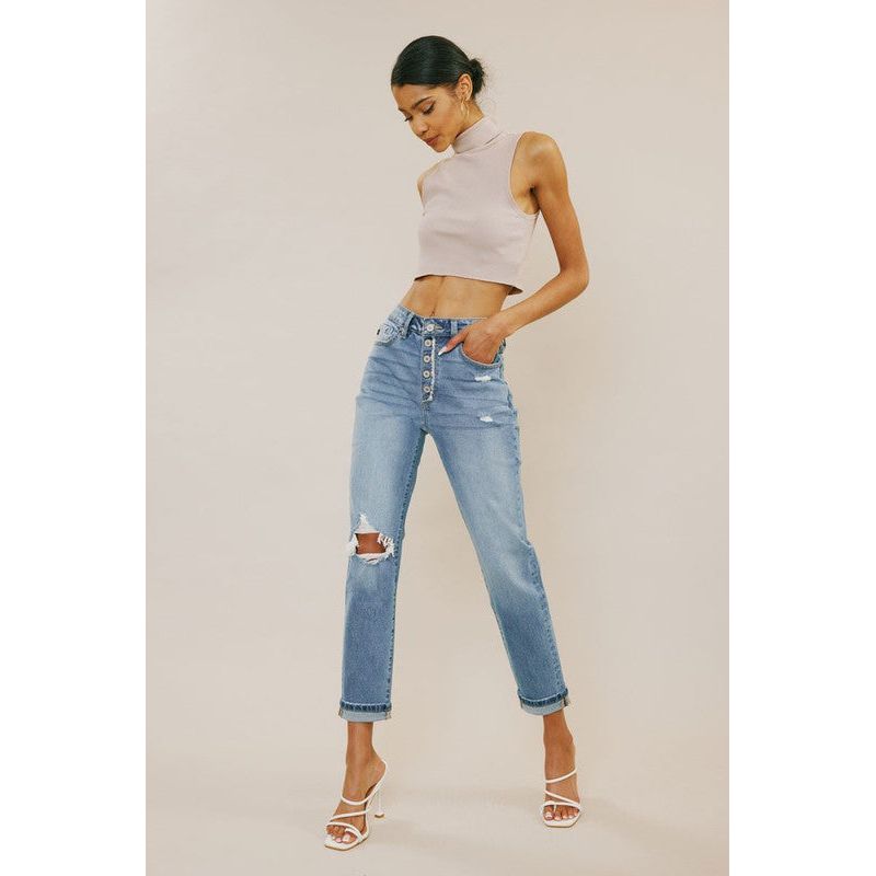 Frayed Exposed Button Jeans | Swank Boutique