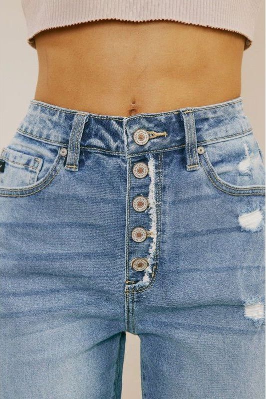 Frayed Exposed Button Jeans | Swank Boutique