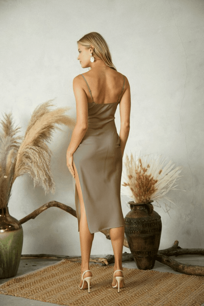 Side Slit Satin Dress Taupe Swank Boutique