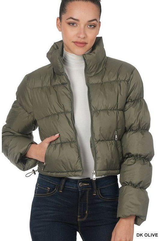 Cropped Puffer Jacket - Dark Olive | Swank Boutique