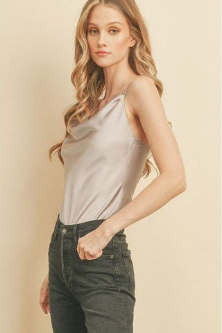 Satin Cowl Neck Bodysuit- Silver | Swank Boutique