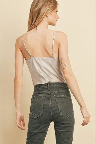 Satin Cowl Neck Bodysuit- Silver | Swank Boutique